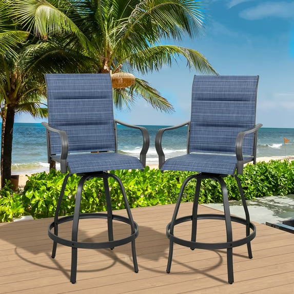 Walsunny 2 Piece Outdoor Swivel Metal Bar Stools Patio Height Textilene Chairs with High Back and Armrest