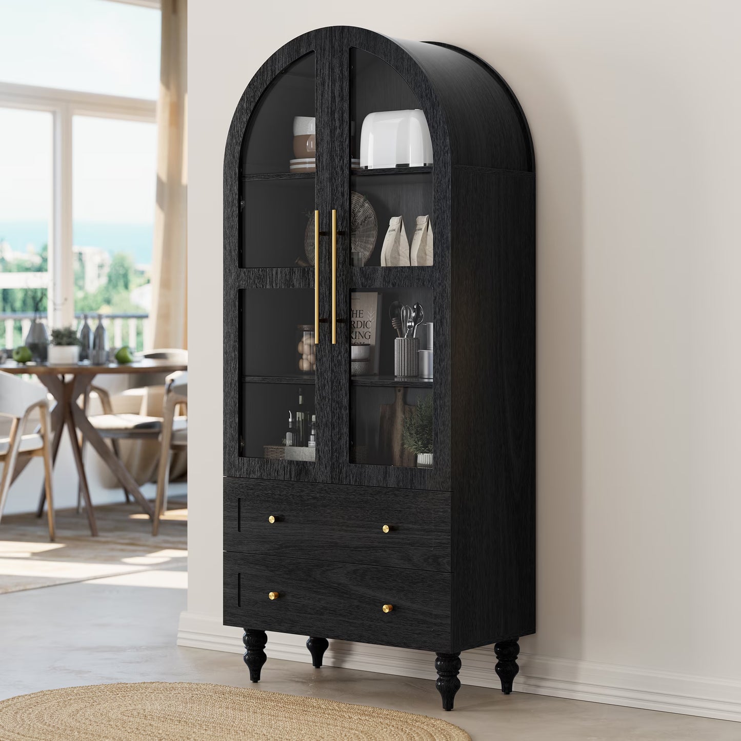 Walsunny Arched Freestanding Bathroom Storage Cabinet with Drawers Glass Doors, Wooden Tall Cabinet with Shelves, Space-Saving Organizer for Bathroom