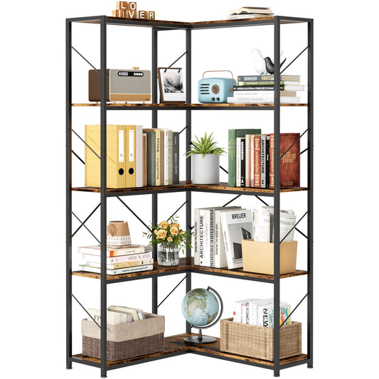 Walsunny Corner Bookshelves Bookcases 5 Tier L Shaped Wood Bookshelf with Metal Frame Display Rack