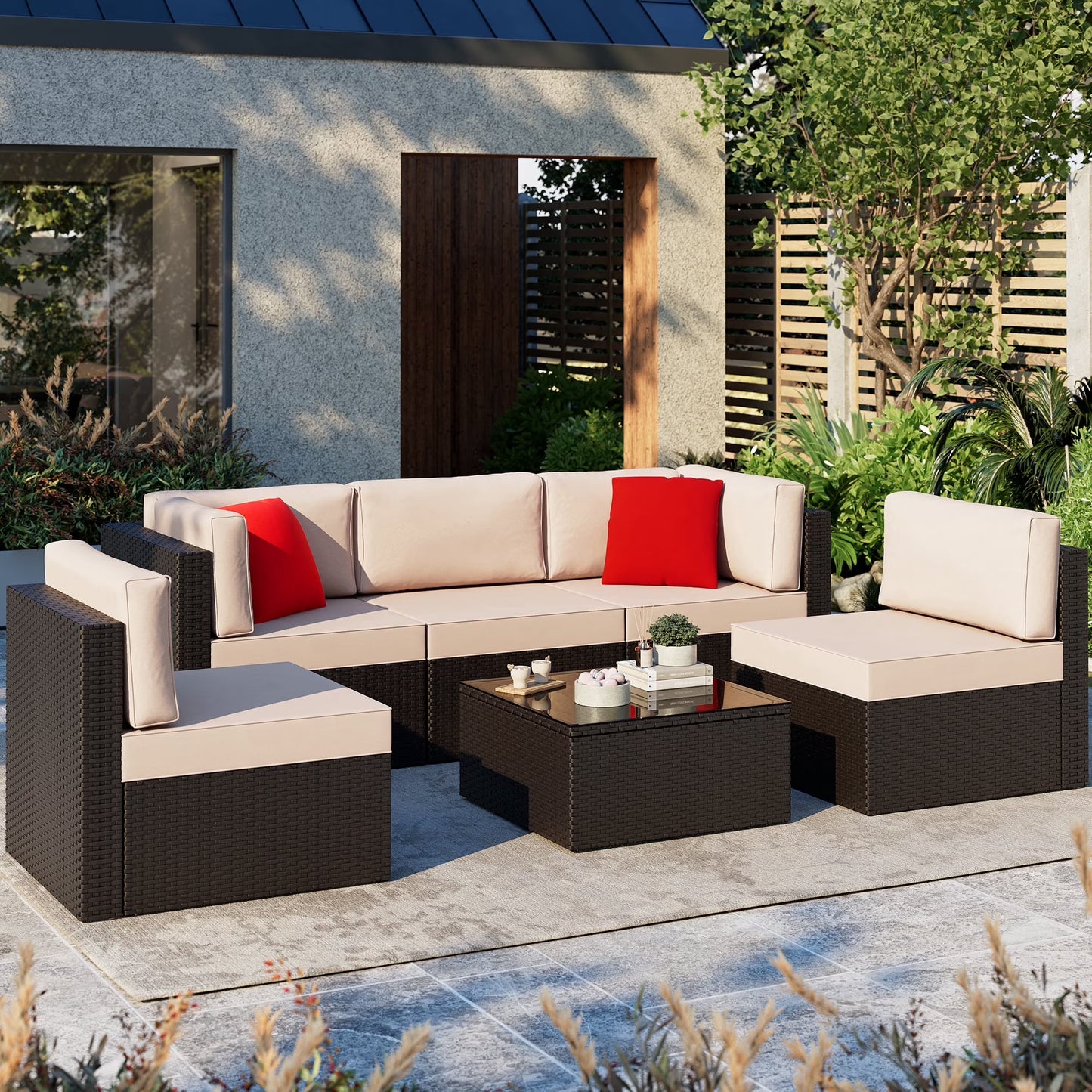 Patio Furniture Set, Walsunny 6 Piece All Weather Outdoor Sectional Sofa, Wicker Patio Conversation Set with Cushions and Tempered Glass Table for Backyard Porch
