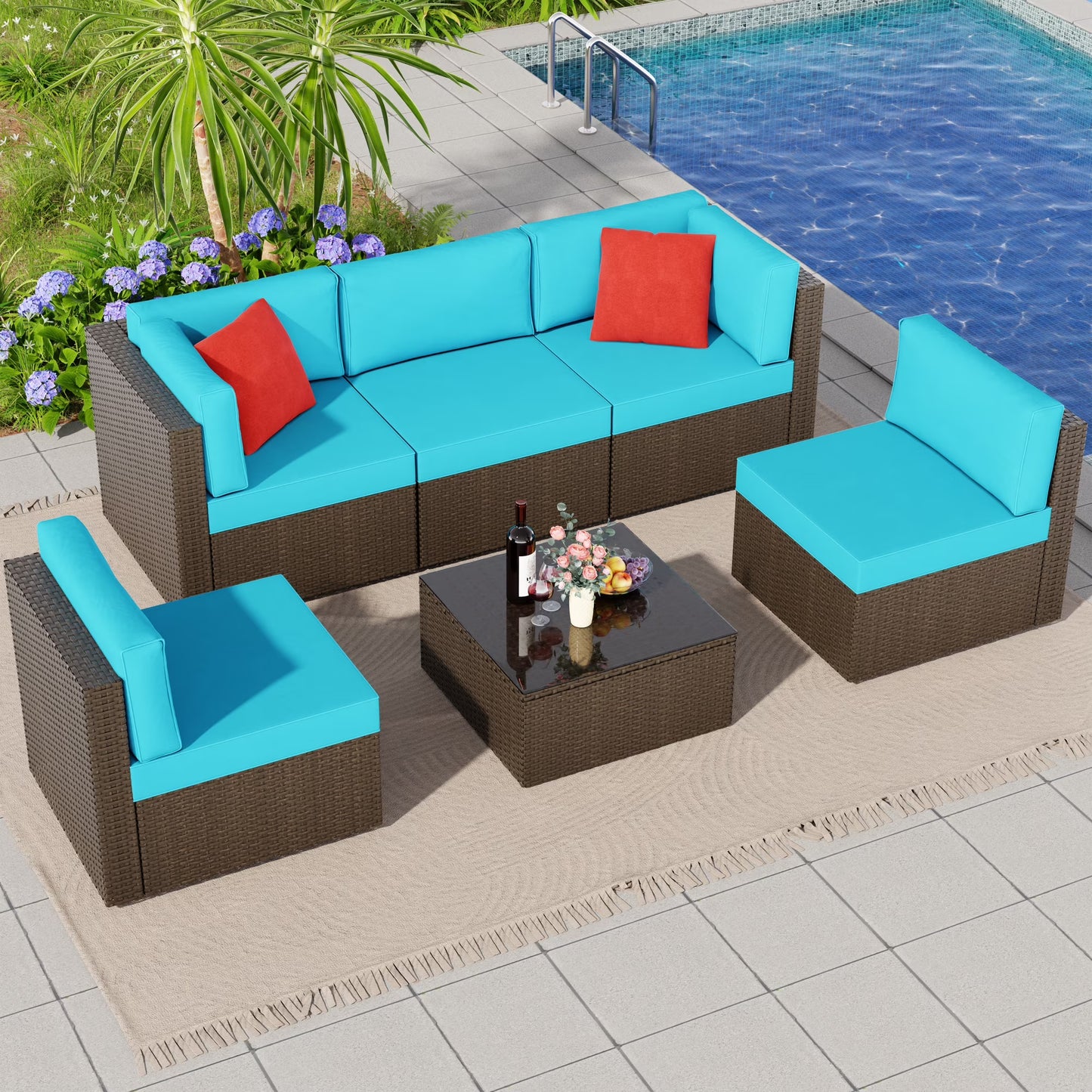 Patio Furniture Set, Walsunny 6 Piece All Weather Outdoor Sectional Sofa, Wicker Patio Conversation Set with Cushions and Tempered Glass Table for Backyard Porch