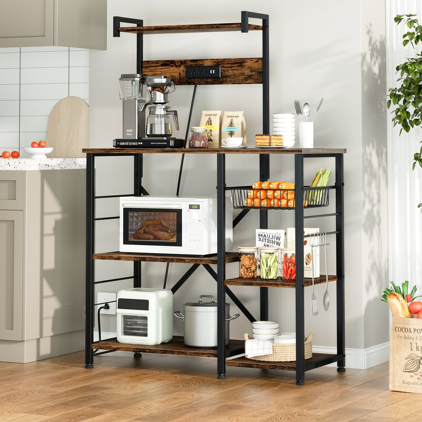 WALSUNNY Kitchen Baking Rack with Outle, Freestanding Kitchen Storage Rack Organizer