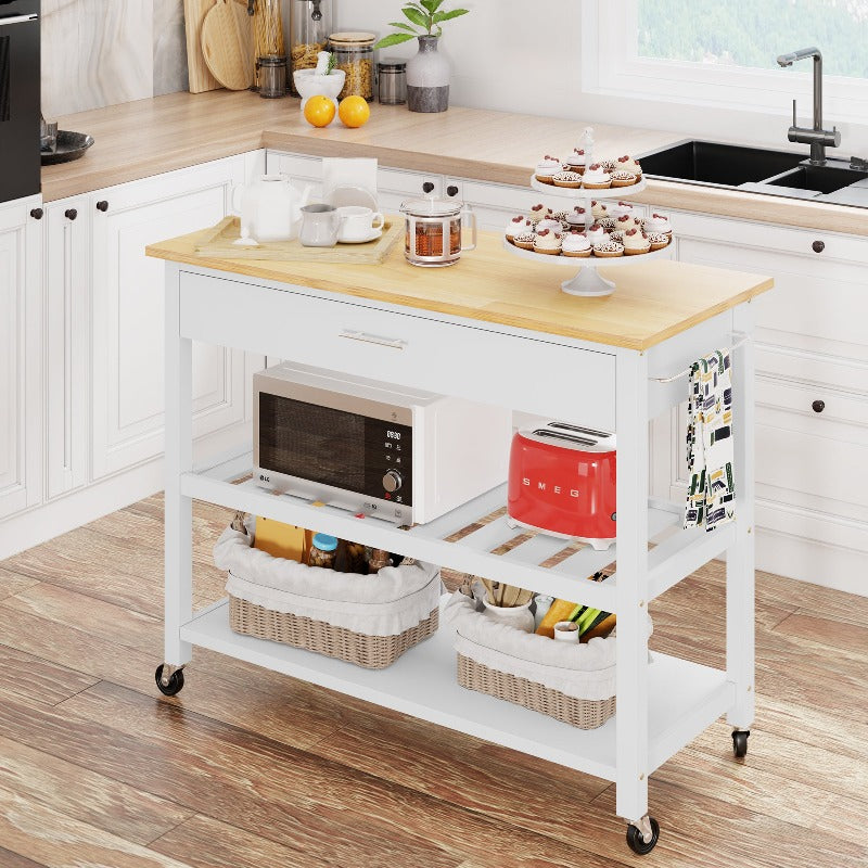 Walsunny 40‘’ Kitchen Island Storage & Bar Cart with Solid Wood Top#color_white