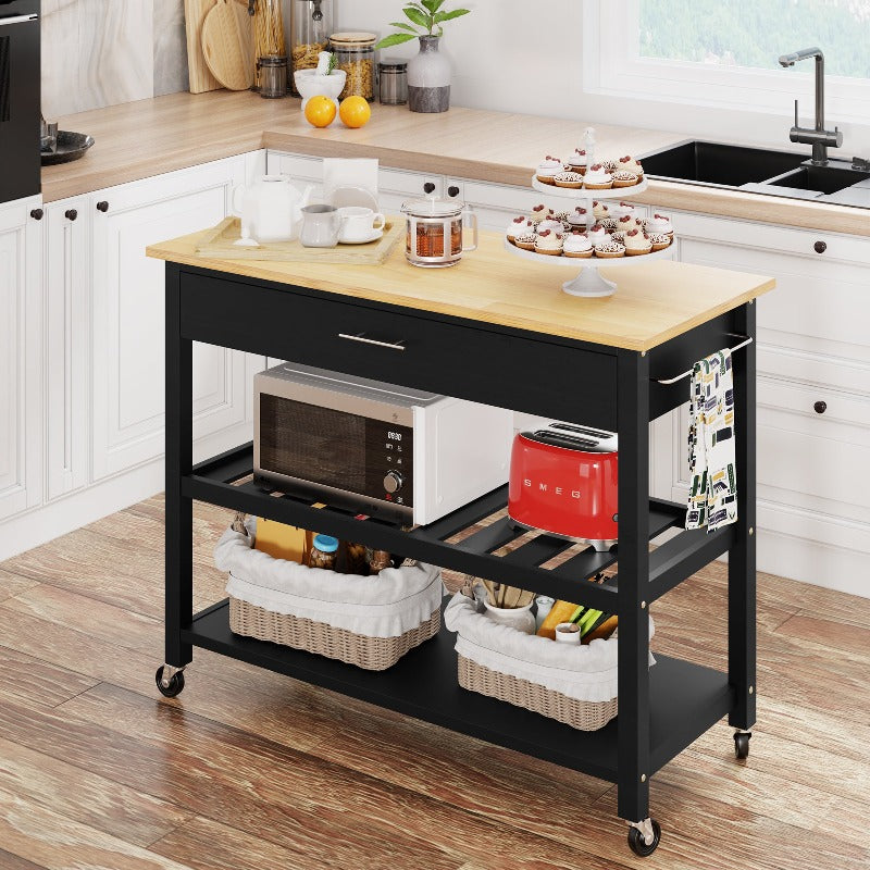 Walsunny 40‘’ Kitchen Island Storage & Bar Cart with Solid Wood Top#color_black