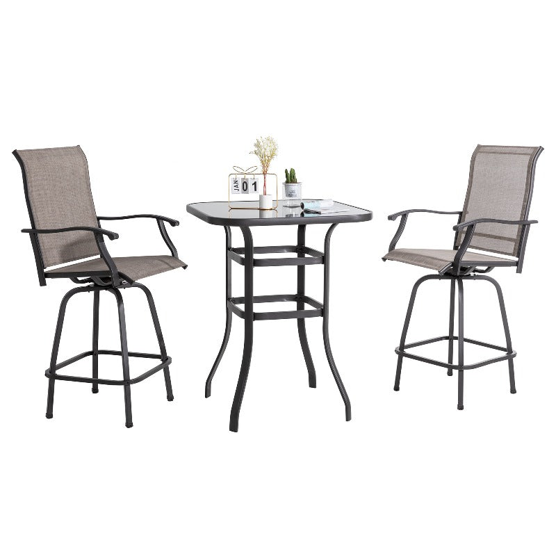 Walsunny 3 Pieces Outdoor Bar Set, High Back Swivel Chair With High Glass Bar Table