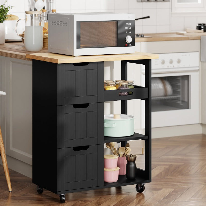 Walsunny 26.57‘’ Rolling Kitchen Island Storage & Bar Cart with Solid Wood Top#color_black