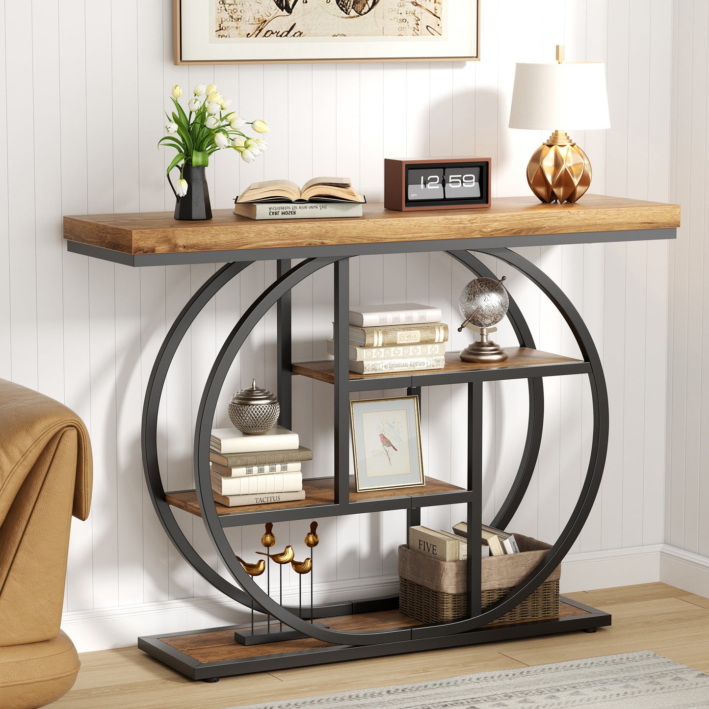 Walsunny Industrial 4-Tier Console Table, Entryway End Table with Circular Metal Frame, Narrow Wood Side Table with Storage Shelves for Living Room, Bedroom