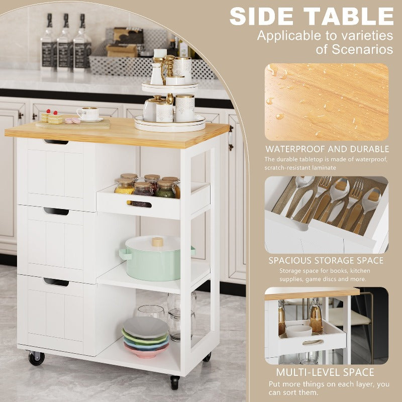 Walsunny 26.57‘’ Rolling Kitchen Island Storage & Bar Cart with Solid Wood Top#color_white