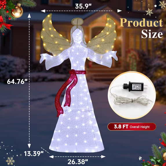 Walsunny 5.5 Ft 3D Pre-Lit Christmas Angel,Outdoor Glittered Angel with Halo Bow Wings Zip Ties Ground Stakes for Garden Villa Ornaments Weddings Parties,150 LED