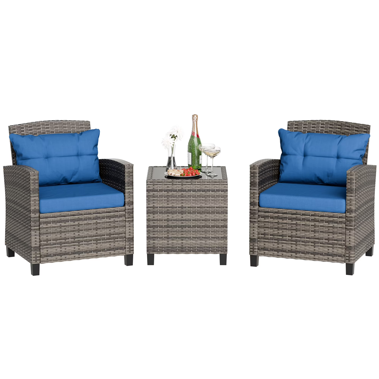 Walsunny 3 Pieces Patio Furniture Set Small Outdoor Wicker Rattan Front Porch Bistro Set Cushioned Patio Chairs Conversation Set with Glass Table for Lawn, Garden, Backyard, Balcony, Beige