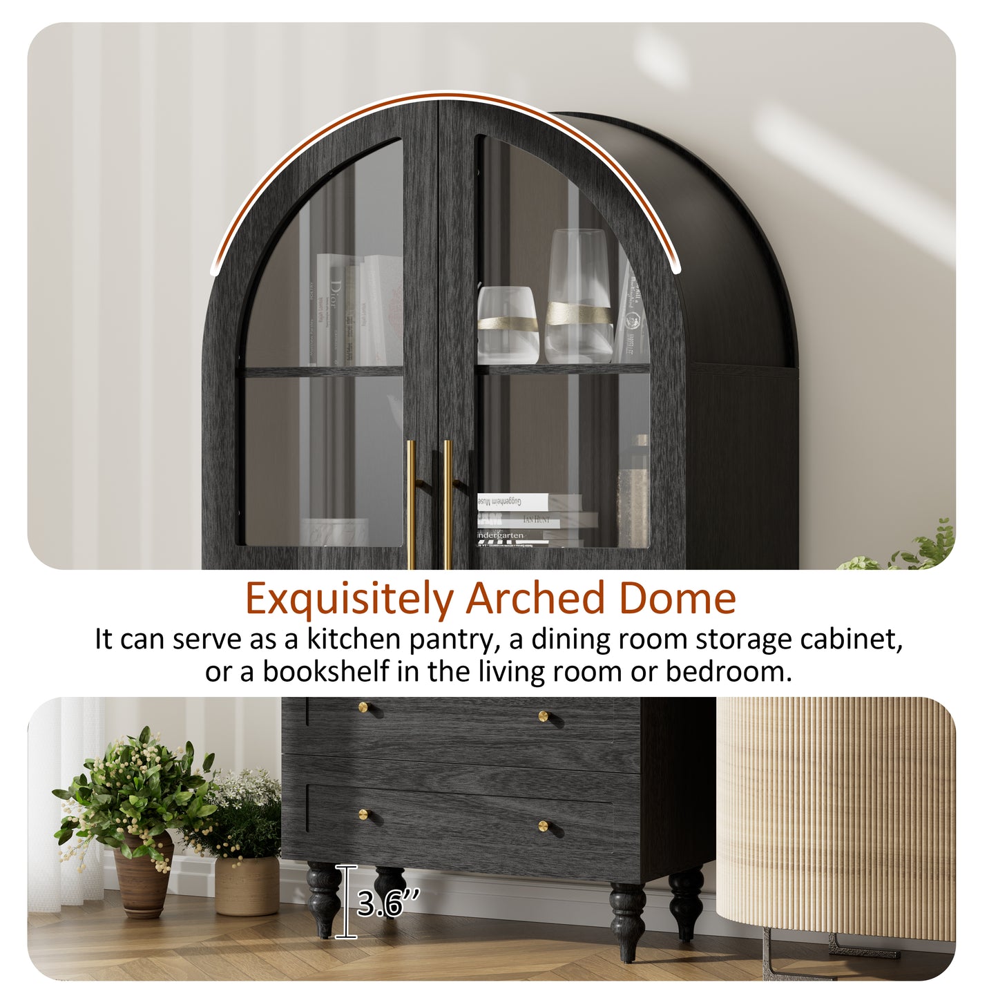 Walsunny 70"Tall Arched Kitchen Pantry,Storage Cabinet with Glass Doors and Adjustable Shelves,Freestanding Kitchen Hutch Cabinet for Dining Room,Living Room,Reading Room