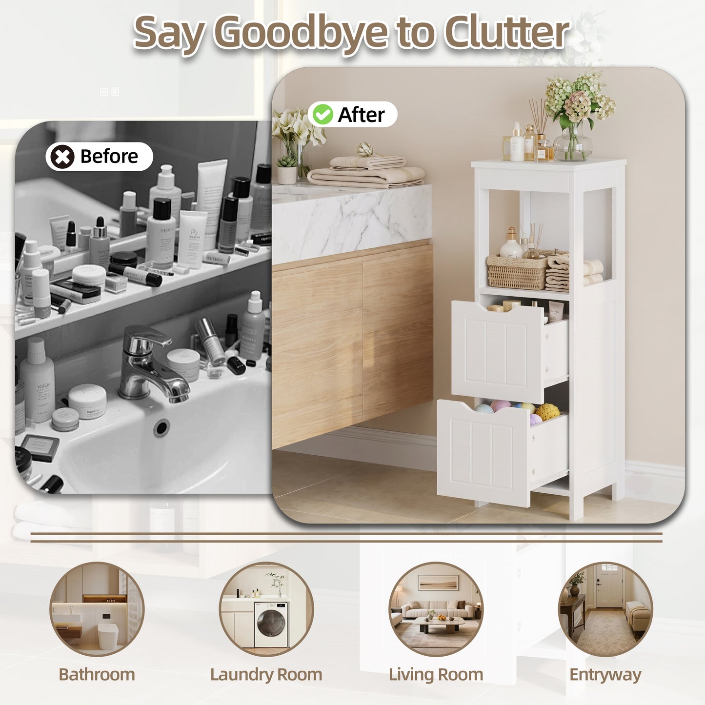 Walsunny Bathroom Storage Cabinets Floor Cabinet Organizer Freestanding Narrow Cabinet with Drawer Open Shelf for Bathroom Laundry