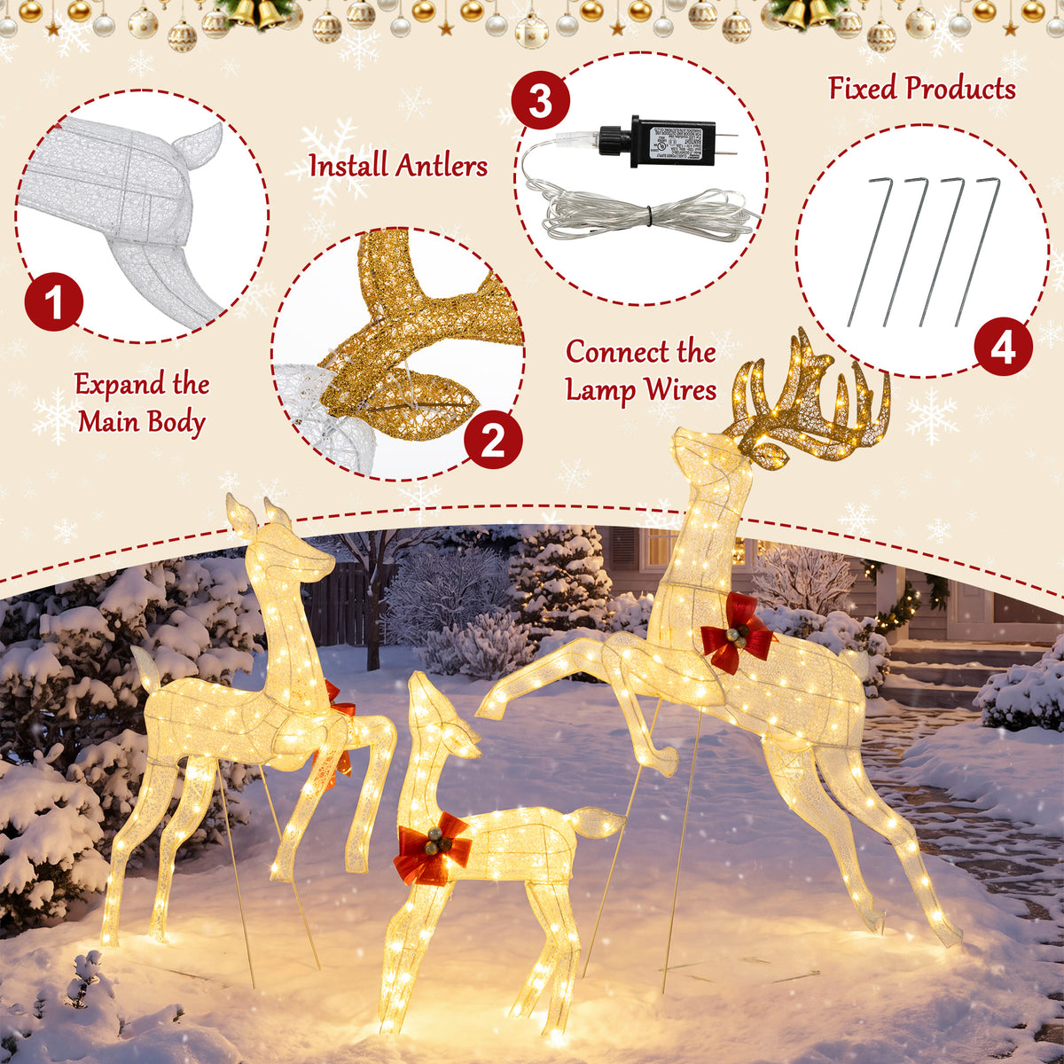 Walsunny 60’’3-Piece Reindeer Family Set,Lighted Christmas Deer Set with Stakes,330 LED for Yard, Garden, Lawn, Outdoor, Indoor