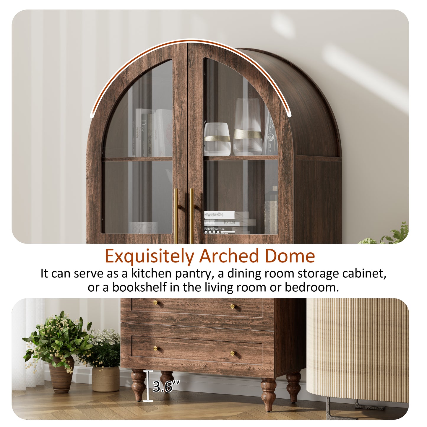 Walsunny 70"Tall Arched Kitchen Pantry,Storage Cabinet with Glass Doors and Adjustable Shelves,Freestanding Kitchen Hutch Cabinet for Dining Room,Living Room,Reading Room