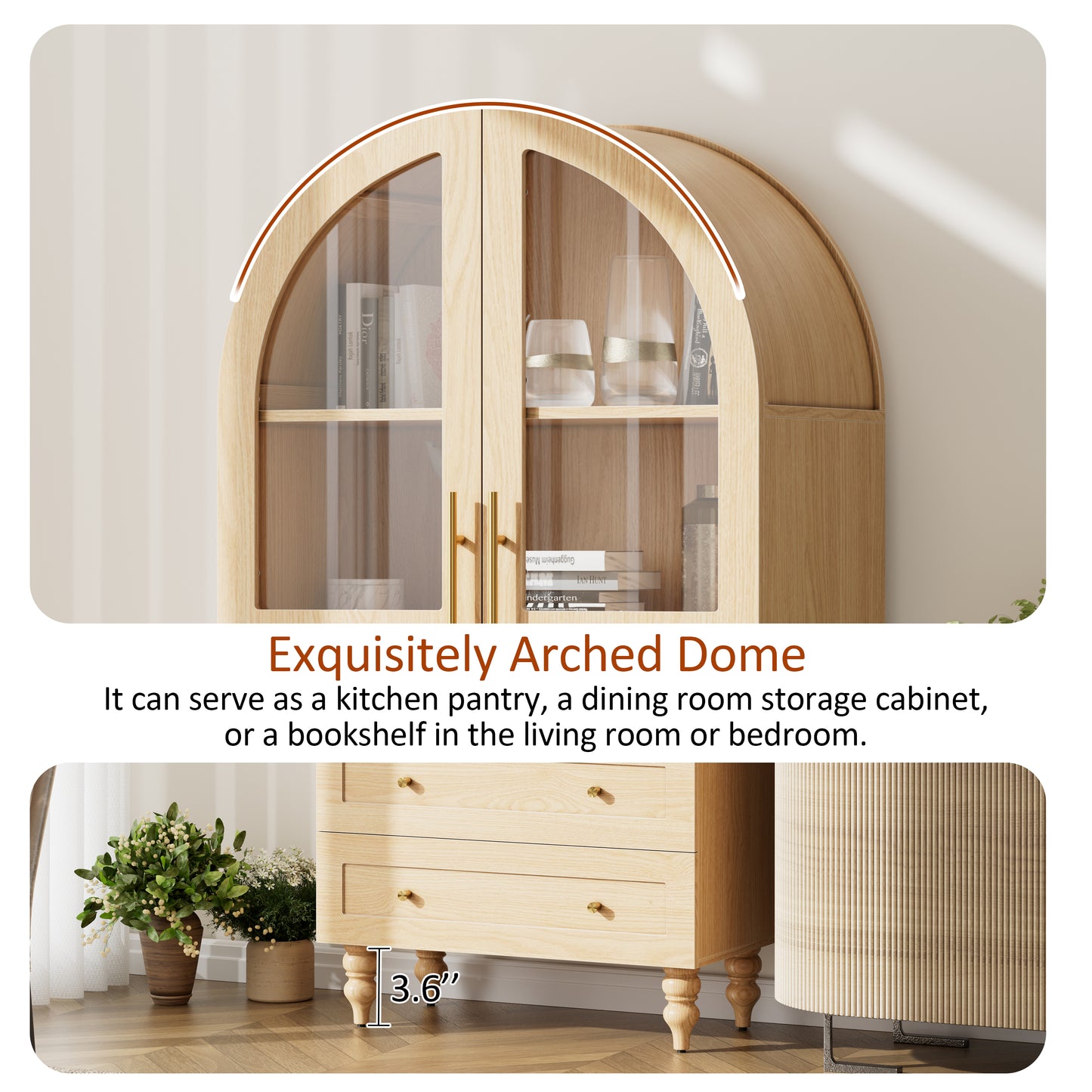 Walsunny 70"Tall Arched Kitchen Pantry,Storage Cabinet with Glass Doors and Adjustable Shelves,Freestanding Kitchen Hutch Cabinet for Dining Room,Living Room,Reading Room