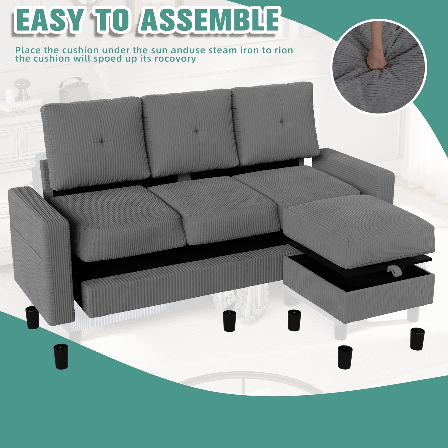 Convertible Sectional Sofa Couch, Modern Linen Fabric L-Shaped 3-Seat Sofa Sectional with Reversible Chaise for Small Space