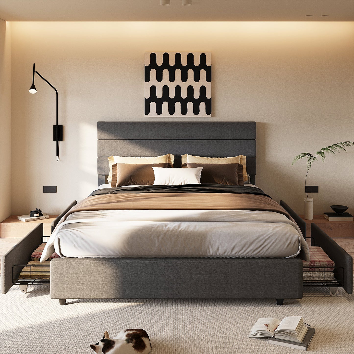 Walsunny Bed Frame with 4 Storage Drawee, Platform Bed with Upholstered Modern Geometric Lines Headboard, Solid Wood Slats Support