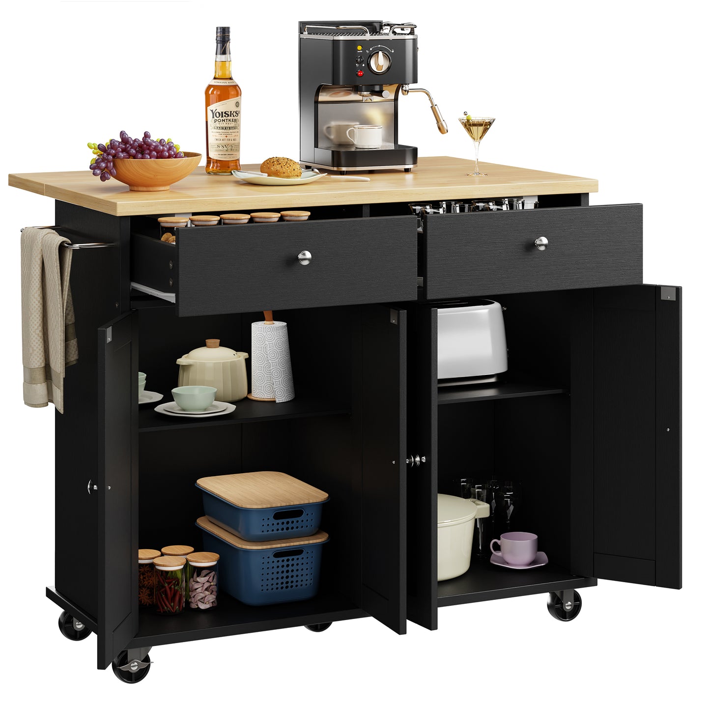 Walsunny Kitchen Islands Carts with Drop Leaf Table 2 Drawers 5 Wheels 4 Magnetic Doors Rolling Storage Cabinet