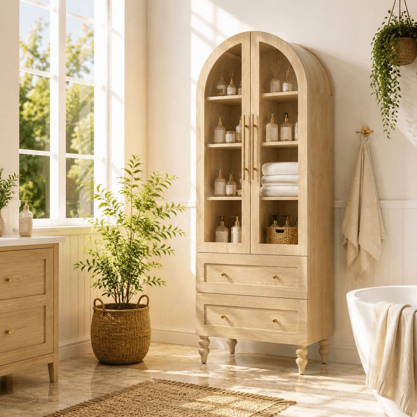 Walsunny Arched Freestanding Bathroom Storage Cabinet with Drawers Glass Doors, Wooden Tall Cabinet with Shelves, Space-Saving Organizer for Bathroom