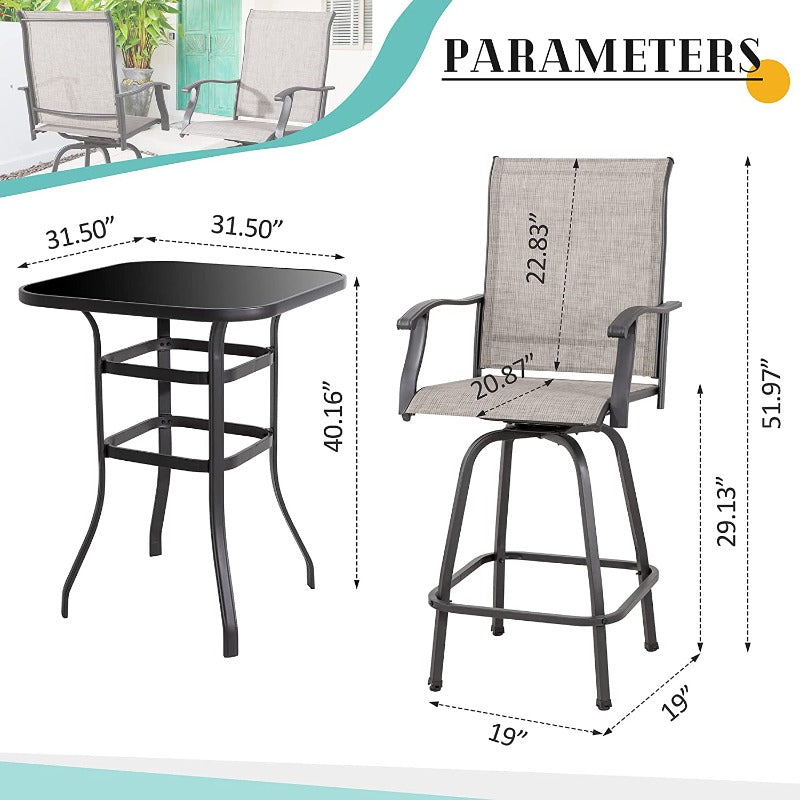 Walsunny Patio Furniture Outdoor All-Weather Texilene Swivel High Bar Stools Set