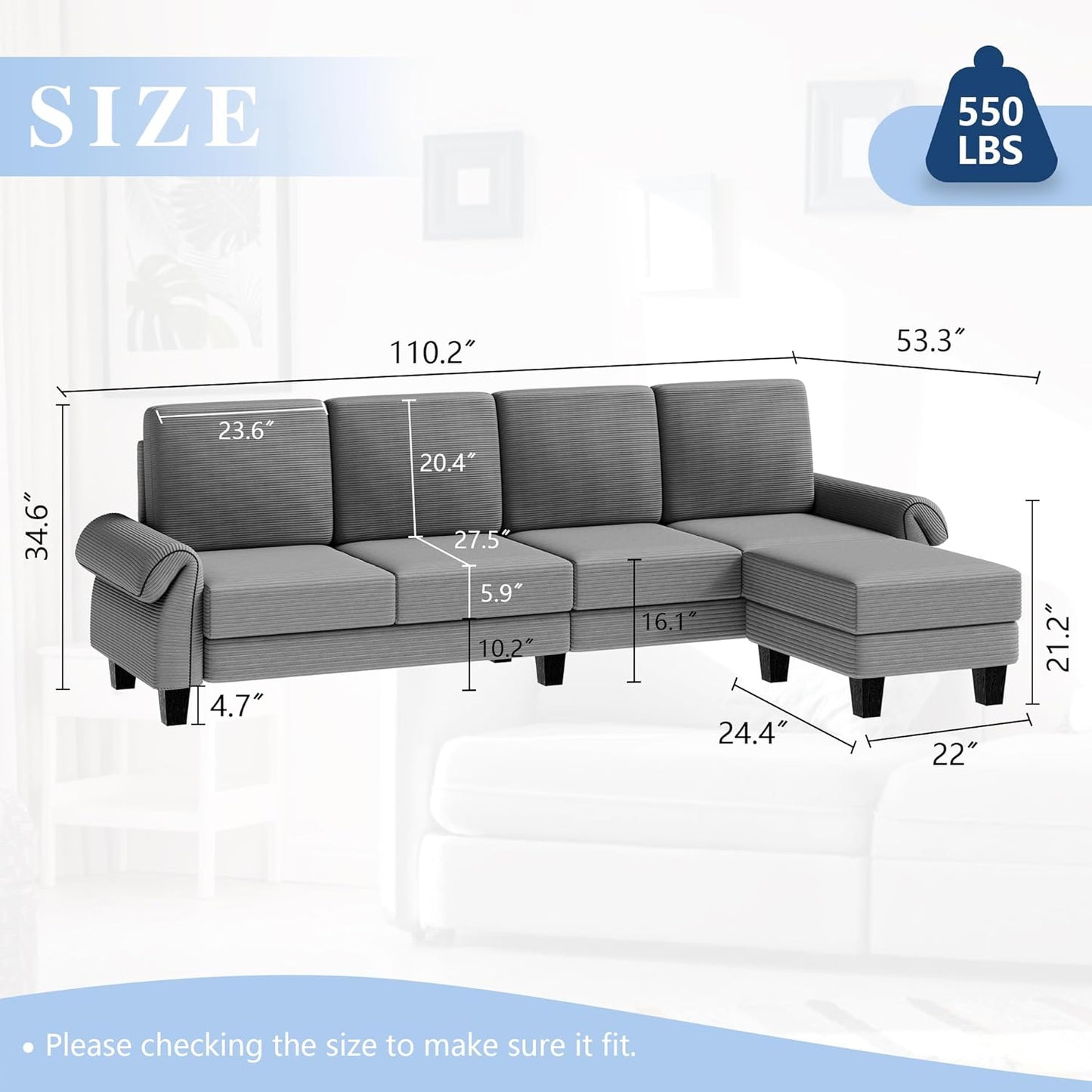 Walsunny Modular Sectional Sofa Couch with Removable Ottoman, 110inch L-Shaped Corduroy Fabric Sectional Sofa Couch for Living Room