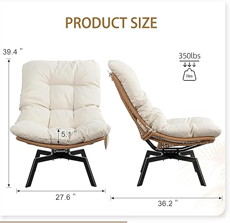Walsunny Rattan Swivel Chair, 360° Wicker Swivel Chairs with Thickened Cushions & Side Storage, Bohemian Farmhouse Style for Kitchen, Dining Room, Café, Patio, Beige
