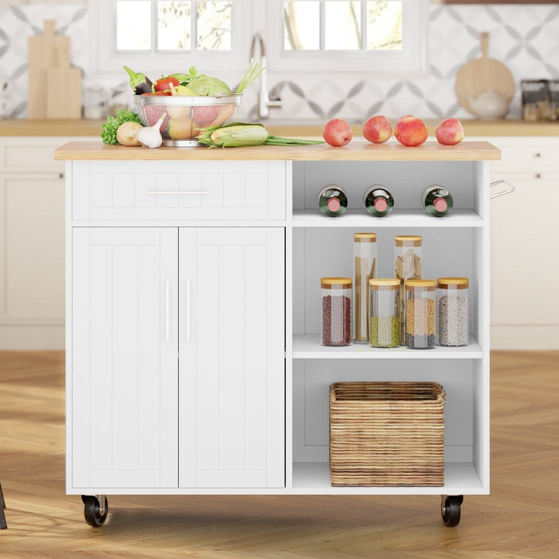 Walsunny 42‘’ Kitchen Island Cart Storage with Solid Wood Top#color_white