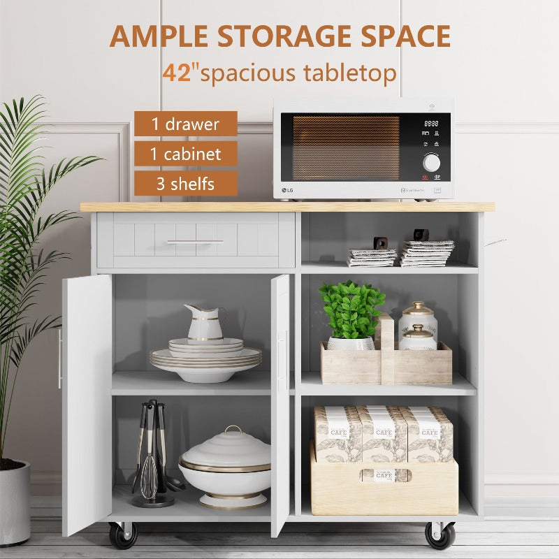 Walsunny 42‘’ Kitchen Island Cart Storage with Solid Wood Top#color_white