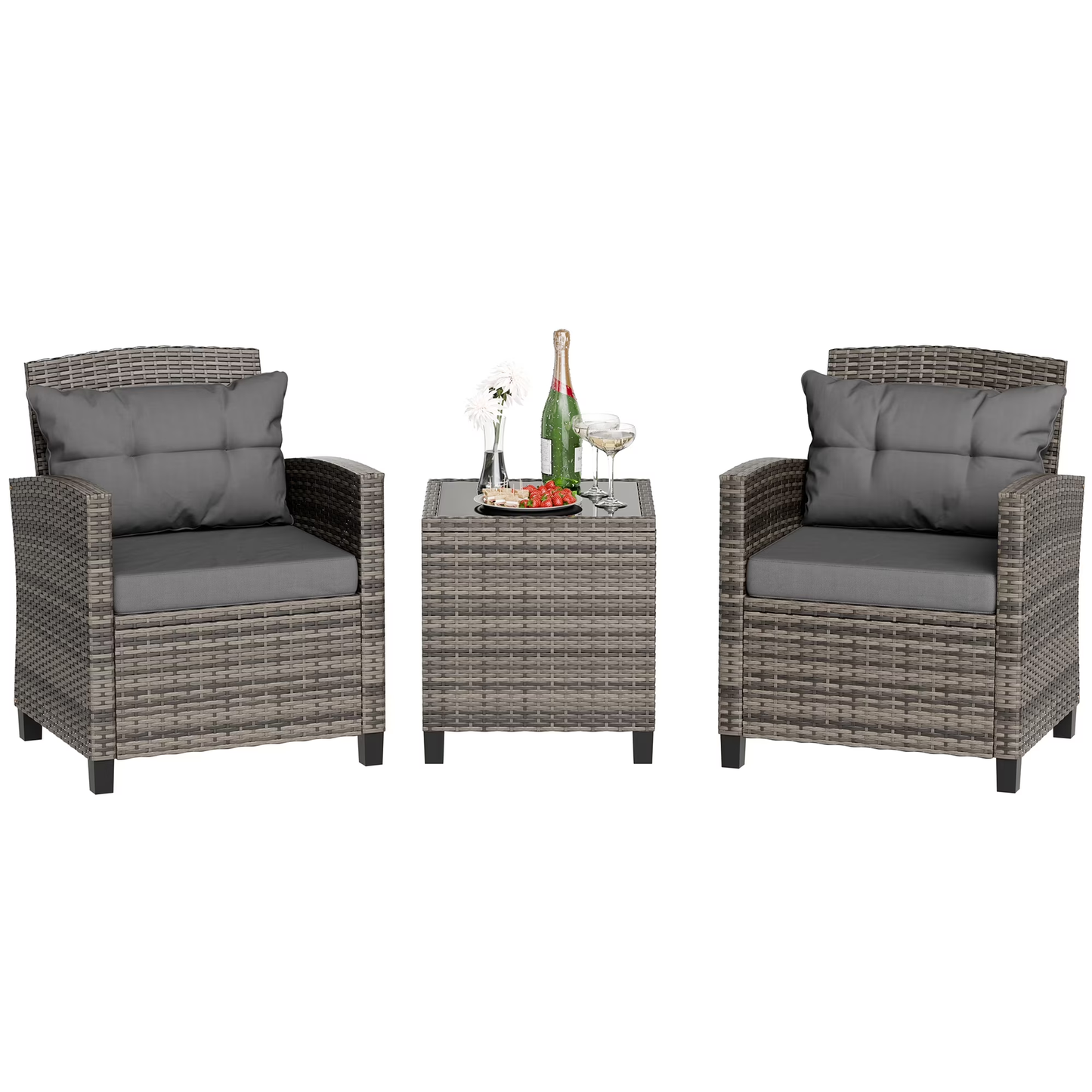 Walsunny 3 Pieces Patio Furniture Set Small Outdoor Wicker Rattan Front Porch Bistro Set Cushioned Patio Chairs Conversation Set with Glass Table for Lawn, Garden, Backyard, Balcony, Beige