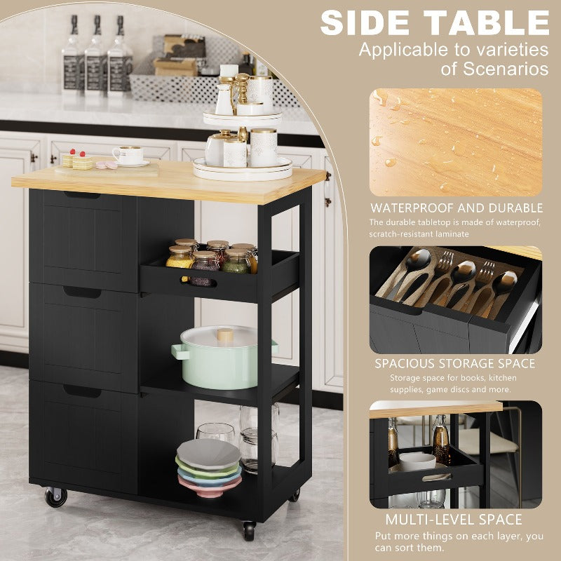 Walsunny 26.57‘’ Rolling Kitchen Island Storage & Bar Cart with Solid Wood Top#color_black