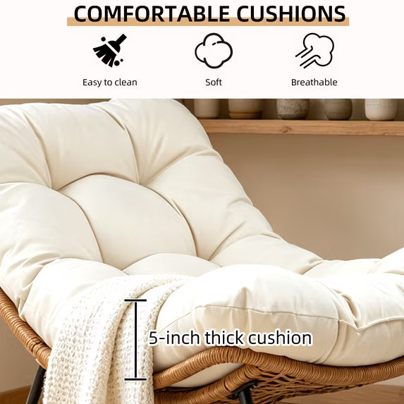 Walsunny Rocking Papasan Chair,Oversized Rocking Chair with Thick Cushion Steel Frame Side Storage Pockets,330 lbs for Garden,Porch,Living Room,Nature Rattan Beige Cushion