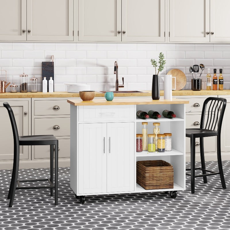 Walsunny 42‘’ Kitchen Island Cart Storage with Solid Wood Top#color_white
