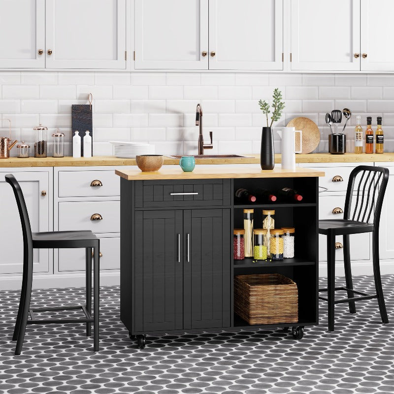 Walsunny 42‘’ Kitchen Island Cart Storage with Solid Wood Top#color_black