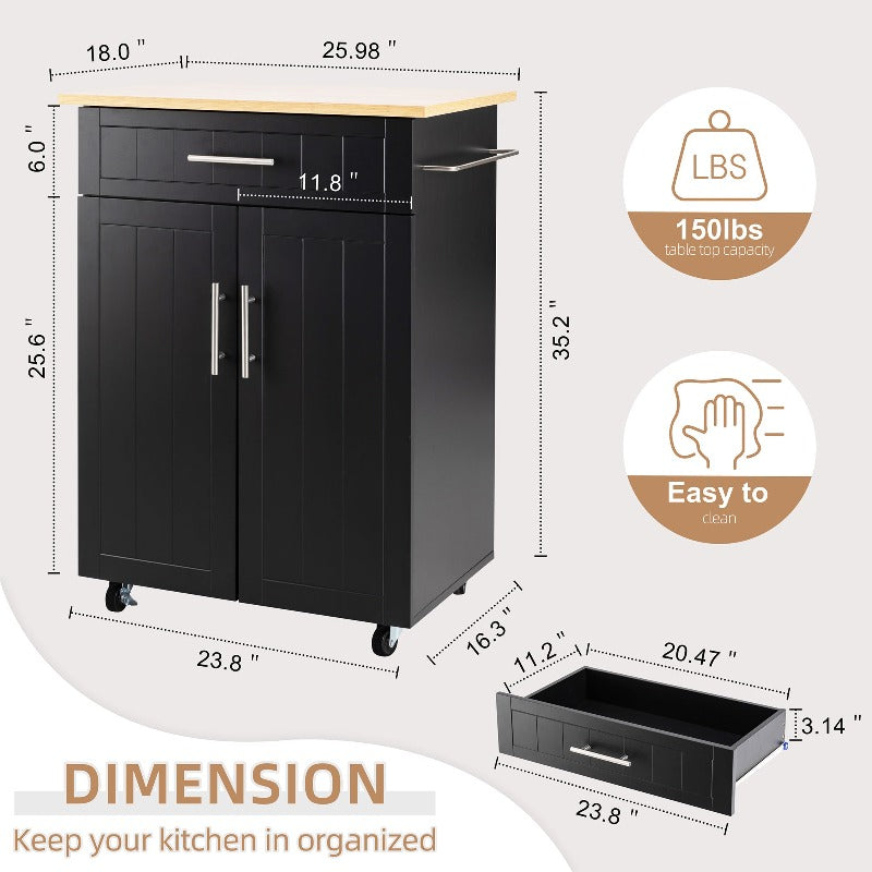 Walsunny 26‘’ Rolling Kitchen Island with Solid Wood Top#color_black