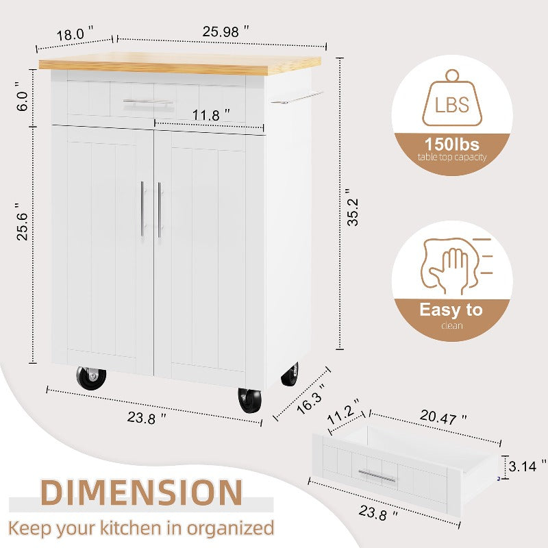 Walsunny 26‘’ Rolling Kitchen Island with Solid Wood Top#color_white