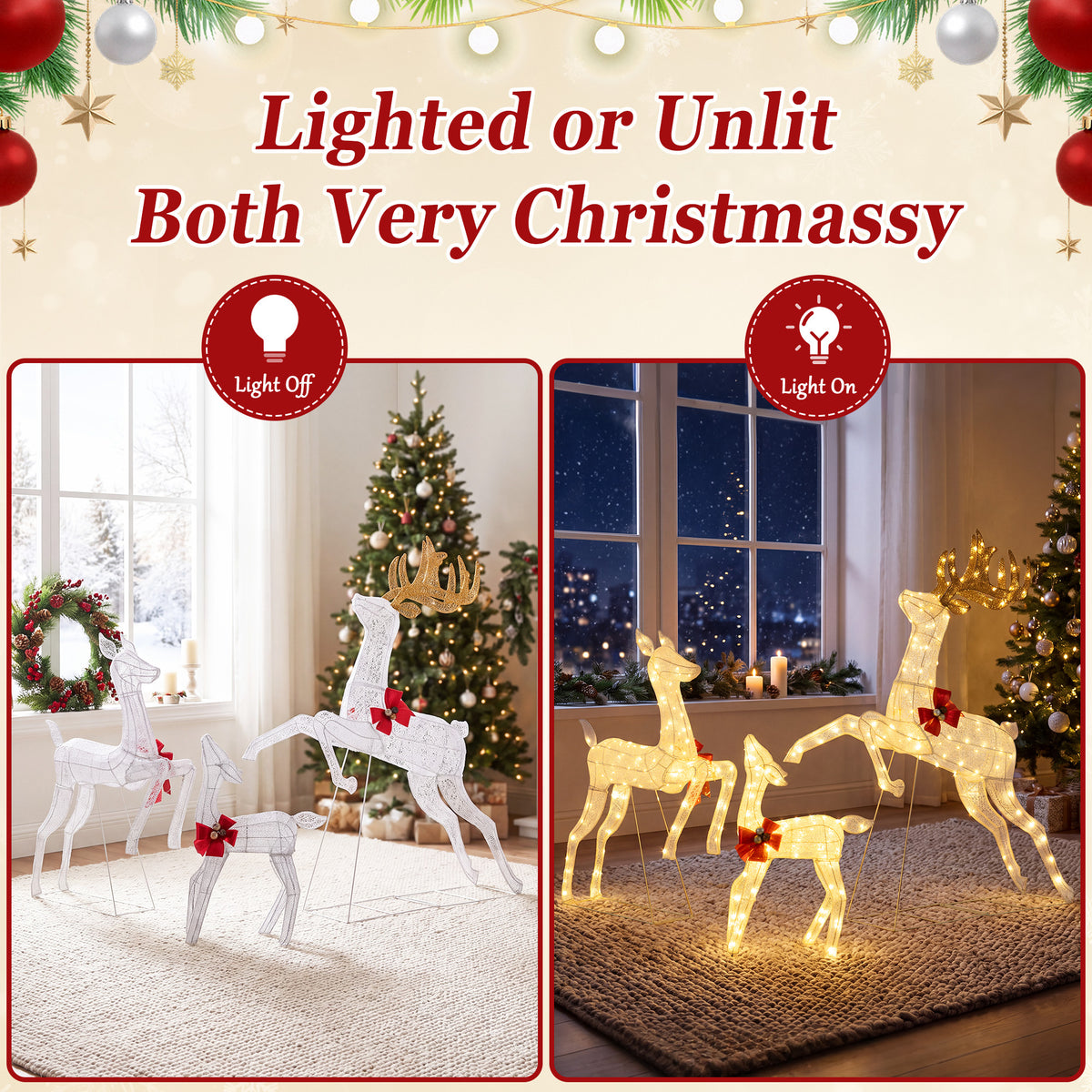 Walsunny 60’’3-Piece Reindeer Family Set,Lighted Christmas Deer Set with Stakes,330 LED for Yard, Garden, Lawn, Outdoor, Indoor