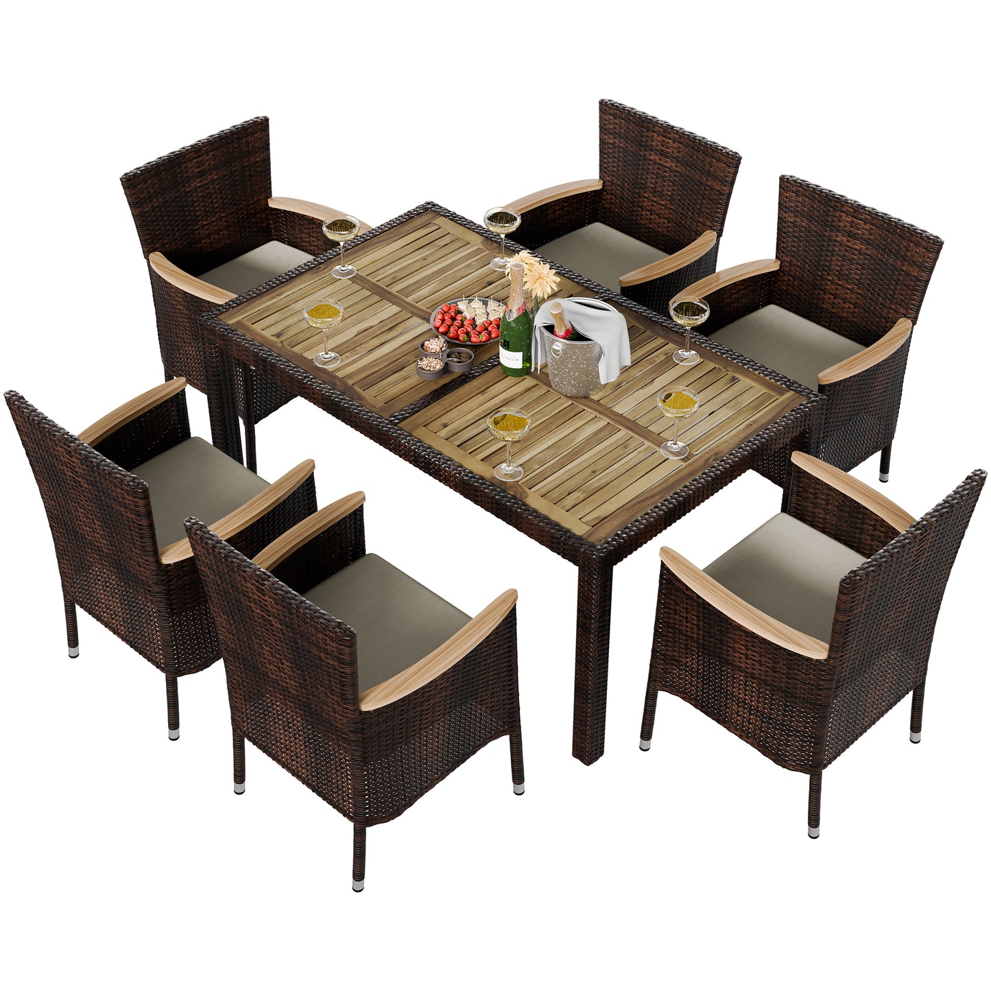 Walsunny 7 Pieces Outdoor Patio Dining Set, Wicker Patio Furniture Set with Wood Table and 6 Chairs with Soft Cushions Grey