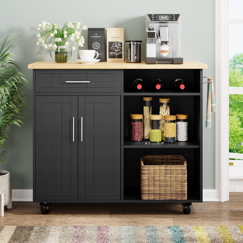 Walsunny 42‘’ Kitchen Island Cart Storage with Solid Wood Top#color_black