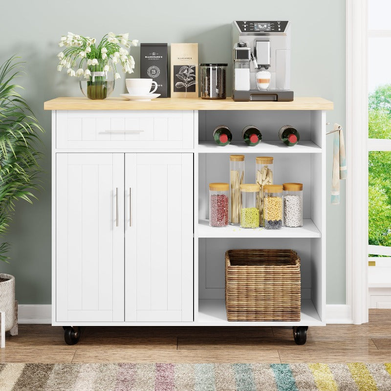 Walsunny 42‘’ Kitchen Island Cart Storage with Solid Wood Top#color_white