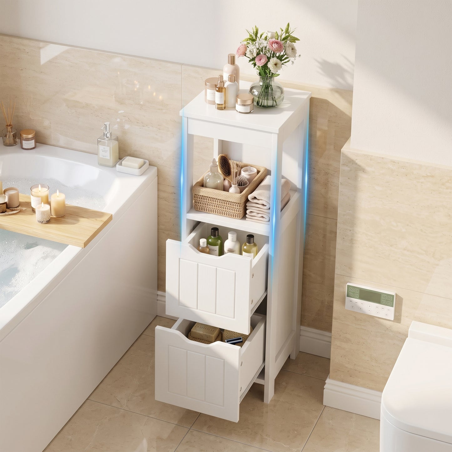 Walsunny Bathroom Storage Cabinets Floor Cabinet Organizer Freestanding Narrow Cabinet with Drawer Open Shelf for Bathroom Laundry