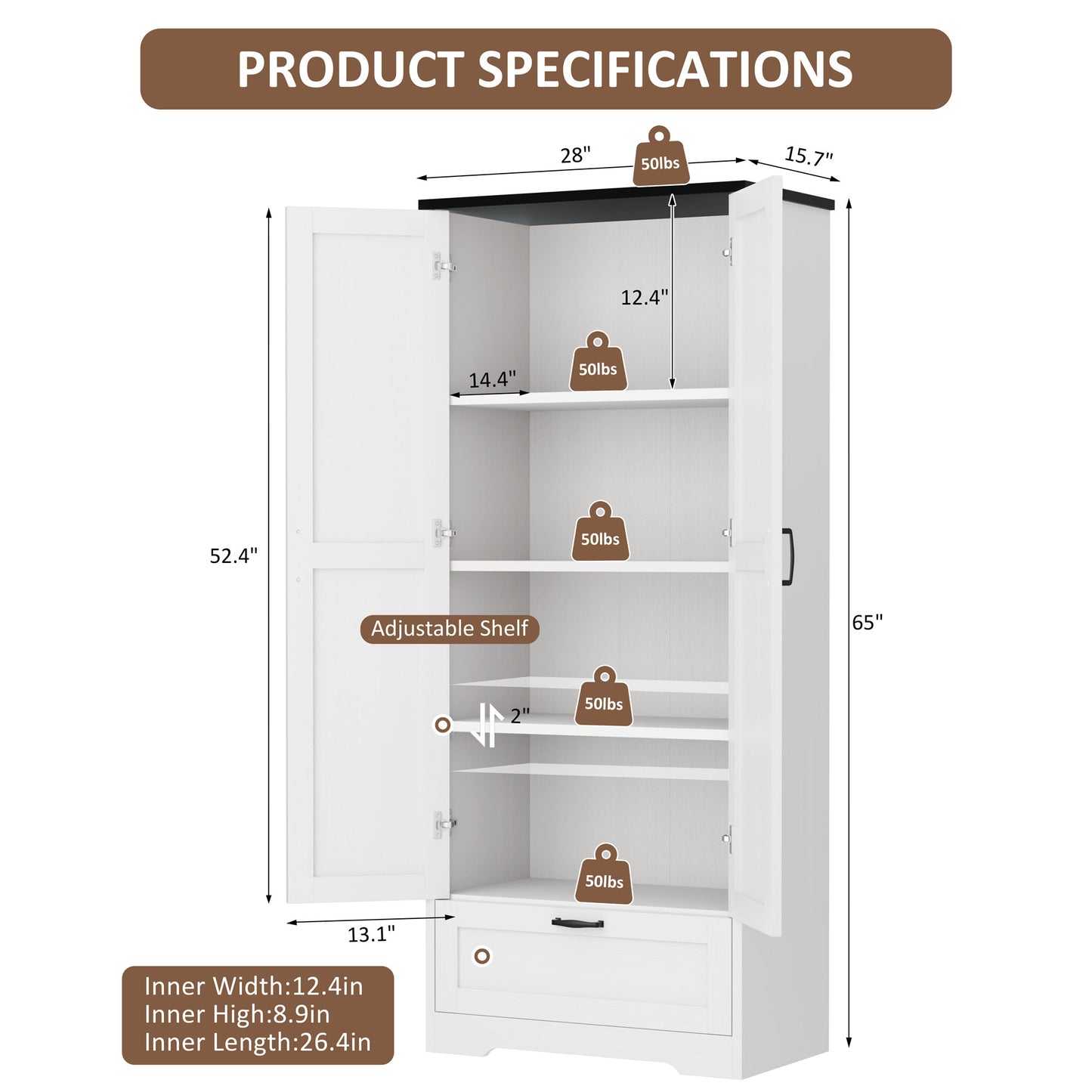 Walsunny 65" Kitchen Pantry Cabinet Freestanding Farmhouse Storage Cabinet with 4 Shelves and 1 Drawer Tall Cupboard White