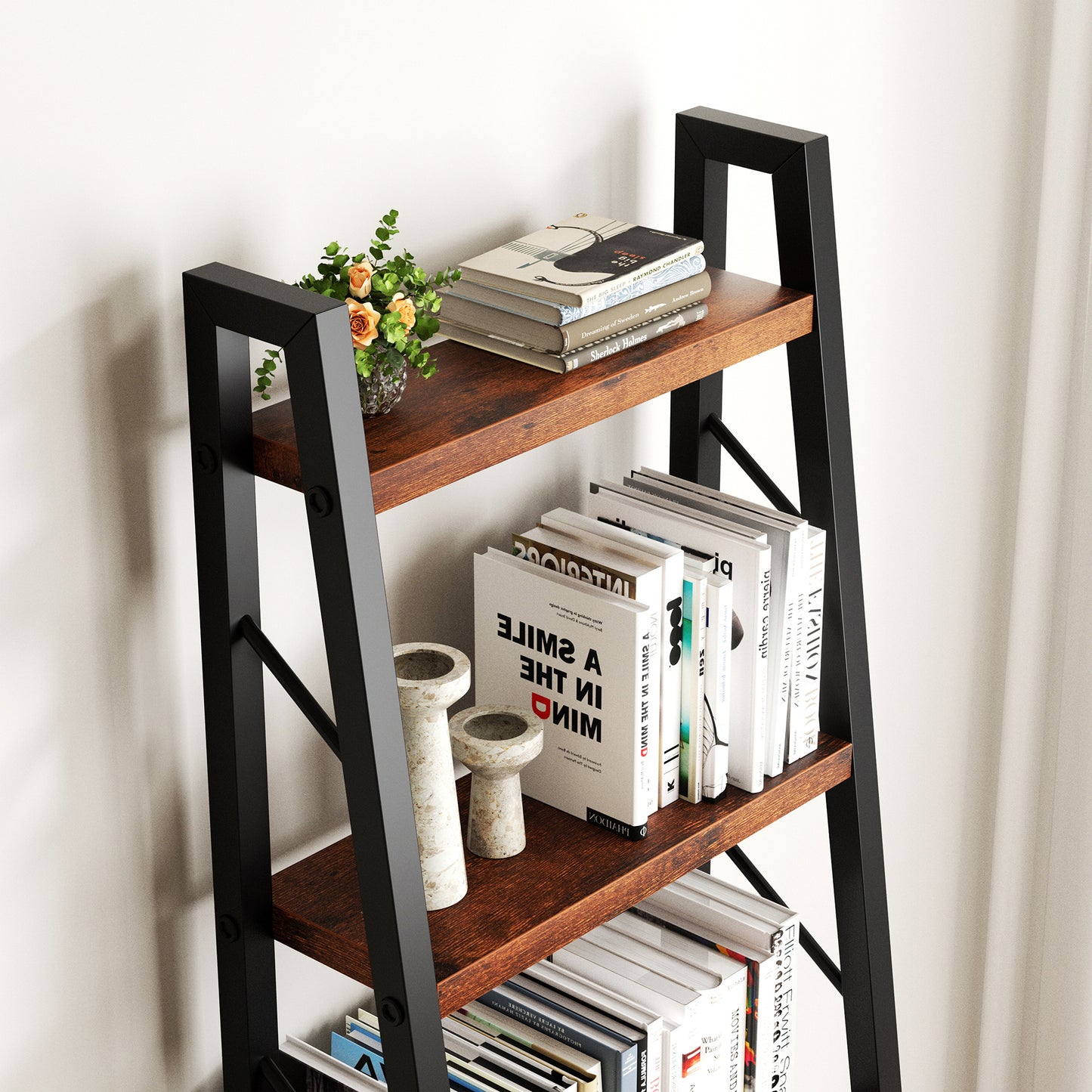 Walsunny Ladder Bookshelf Organizer, Solid Rubberwood Frame, Espresso Finish