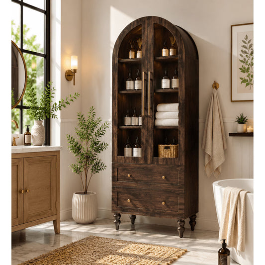 Walsunny Arched Freestanding Bathroom Storage Cabinet with Drawers Glass Doors, Wooden Tall Cabinet with Shelves, Space-Saving Organizer for Bathroom