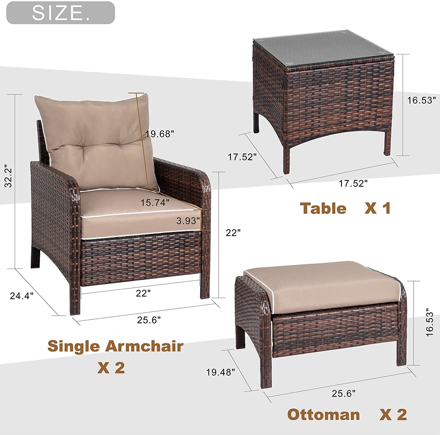 Walsunny 5 Piece Brown Wicker Rattan Outdoor Lounge Chair Set