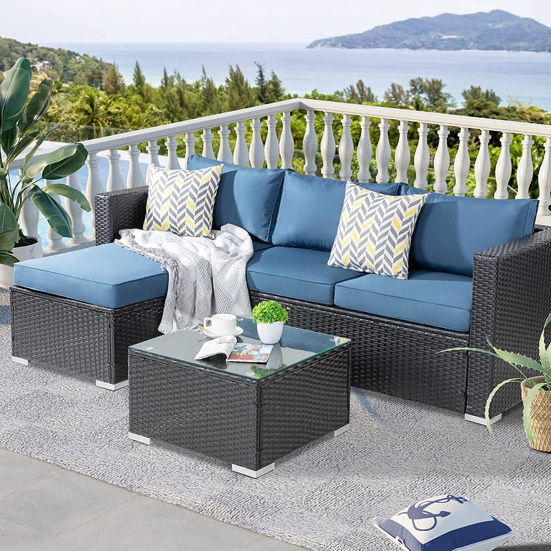 Walsunny Patio Furniture 3 Pieces Outdoor Sectional Sofa Set With Chaise, Black Wicker#color_aegean-blue