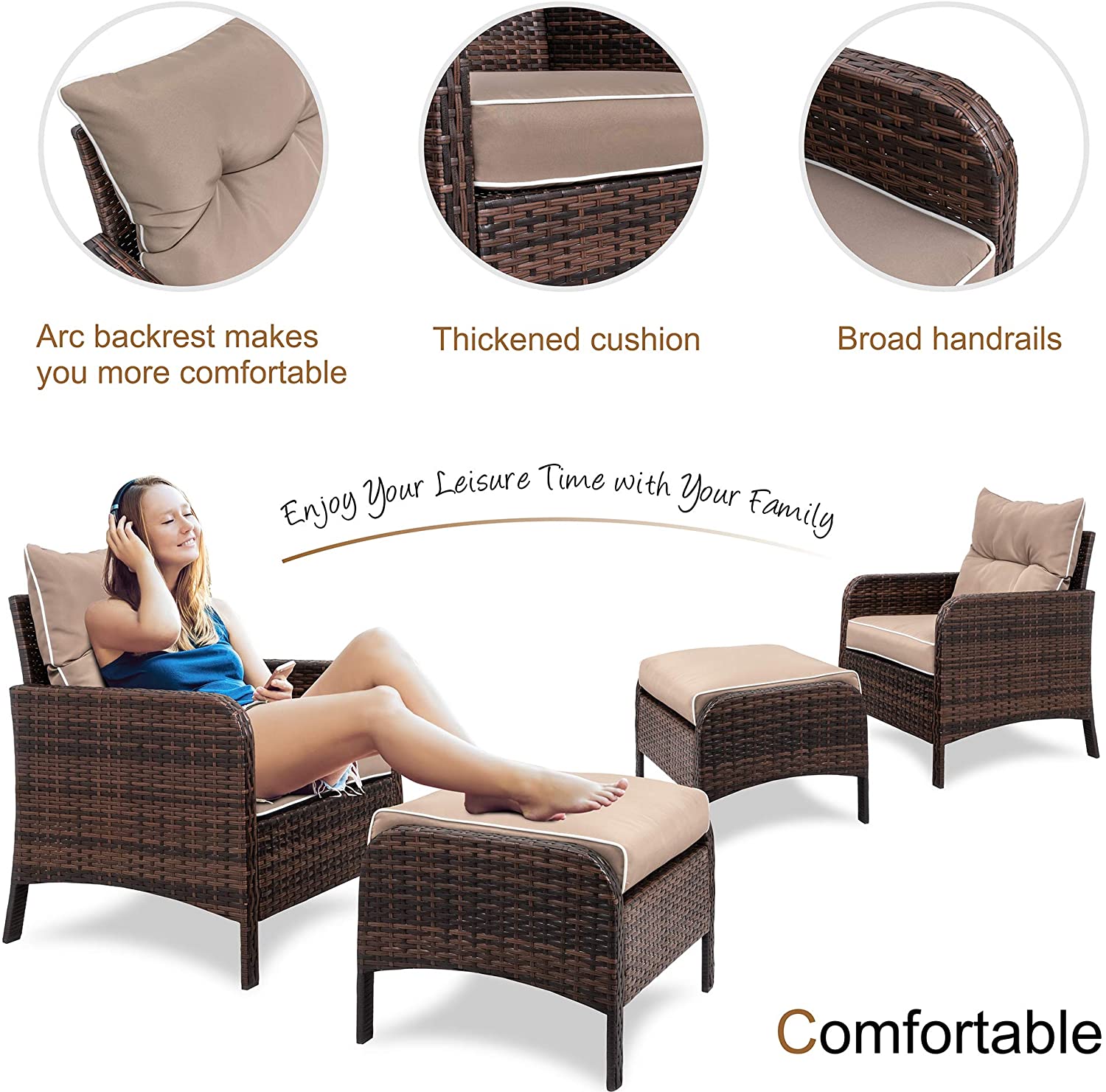 Walsunny 5 Piece Brown Wicker Rattan Outdoor Lounge Chair Set