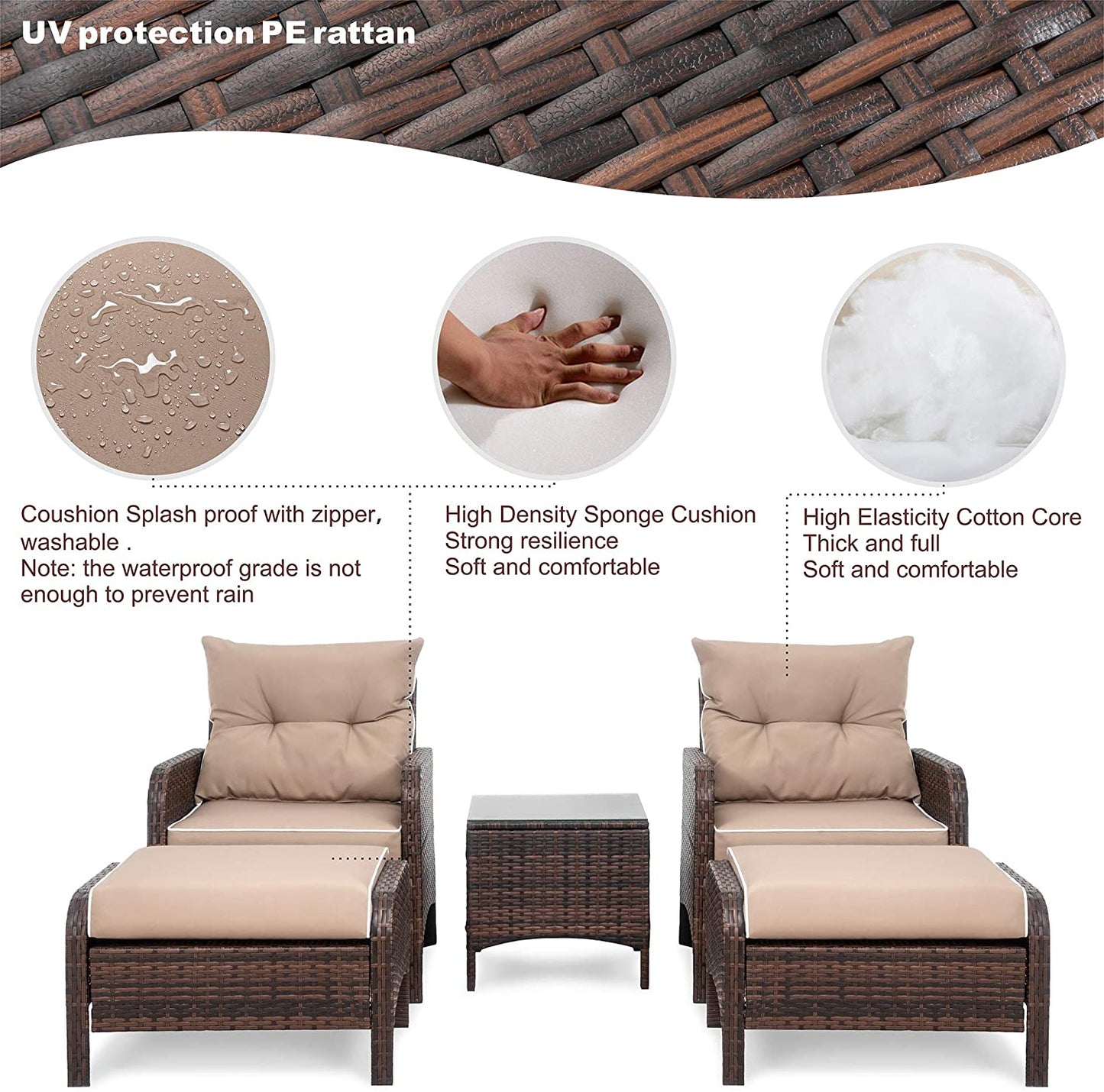 Walsunny 5 Piece Brown Wicker Rattan Outdoor Lounge Chair Set