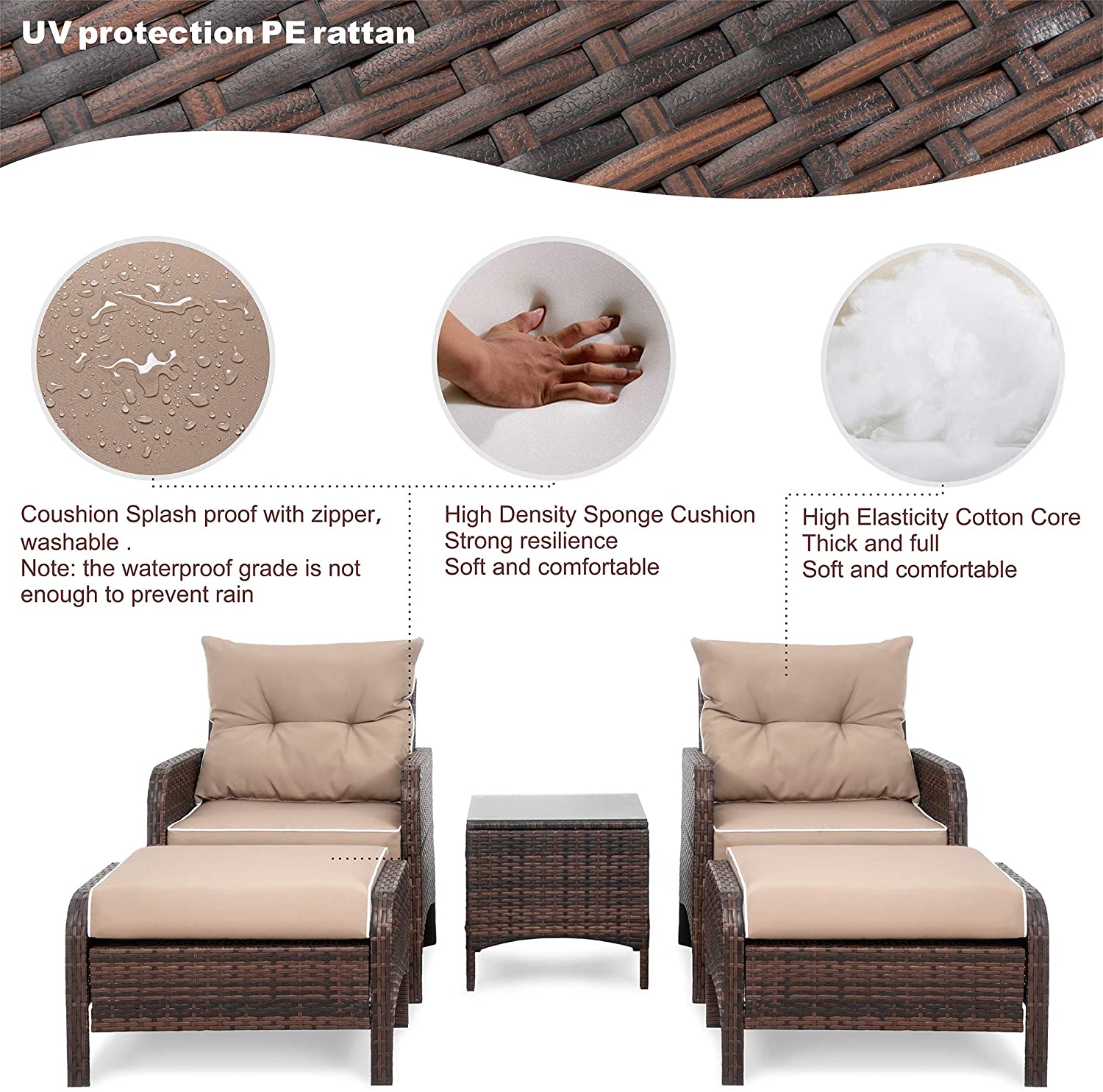 Walsunny 5 Piece Brown Wicker Rattan Outdoor Lounge Chair Set