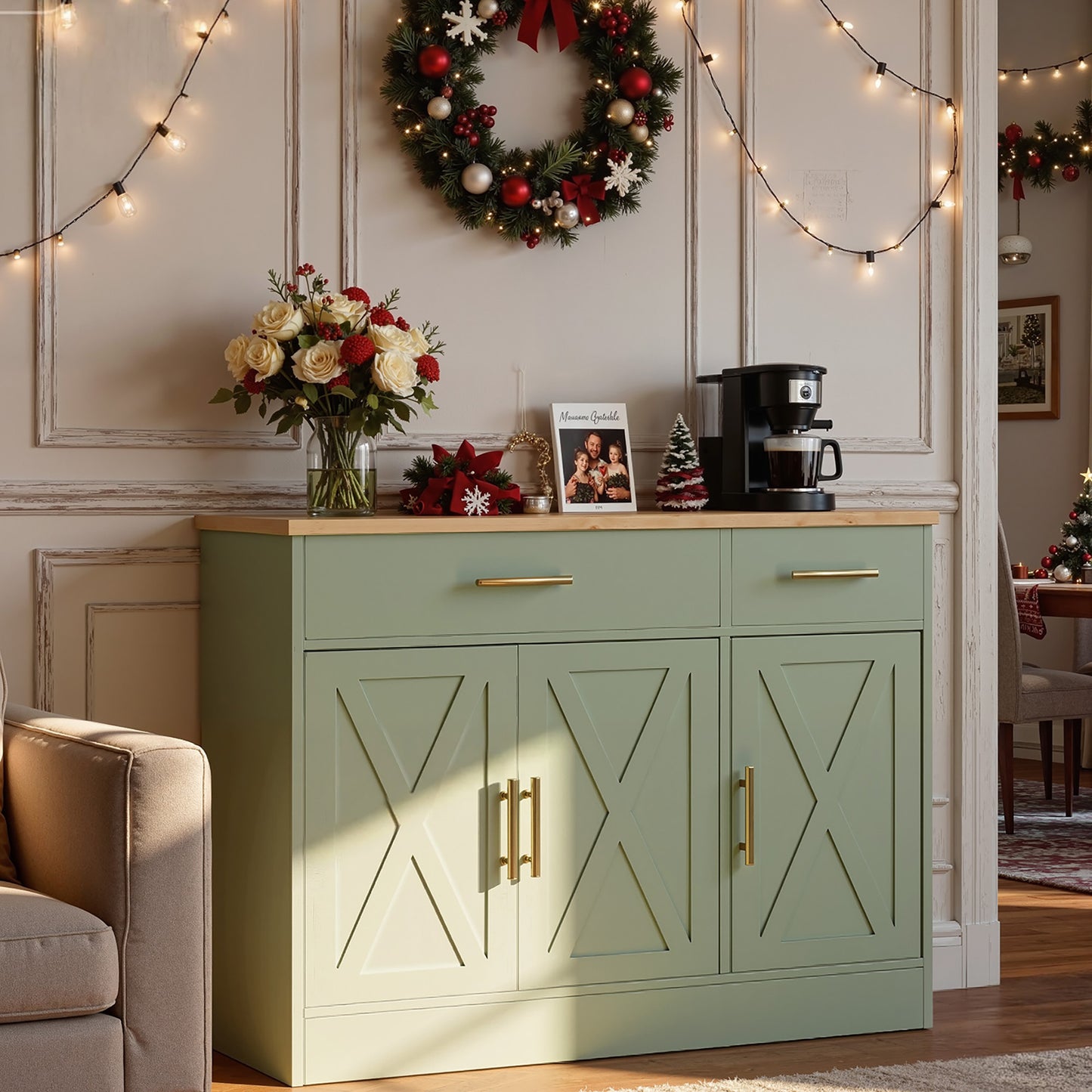 Walsunny Kitchen Buffet Sideboard Cabinet with Adjustable Shelf,Wooden Storage Cabinet with 3 Doors and 2 Drawers,Modern Farmhouse Coffee Bar Cabinet with Storage for Kitchen/Living Room