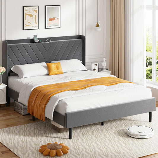 JAMFLY Bed Frame with Wingback Storage Headboard, Queen Size Bed Frame with Charging Station and Velvet Fabric, Strong Wood Slats, Easy Assembly, No Box Spring Needed, Light Grey